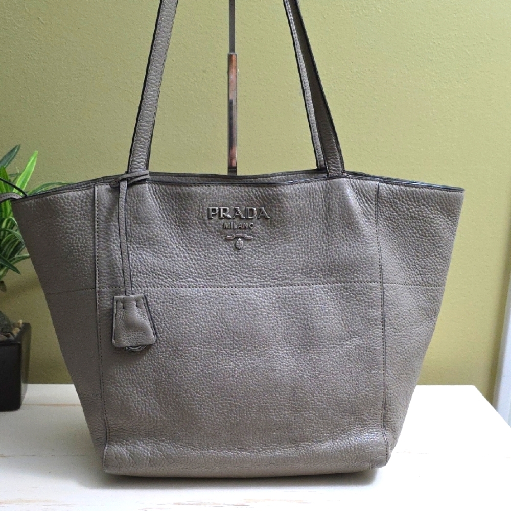 Prada Gray Textured Leather Tote Bag